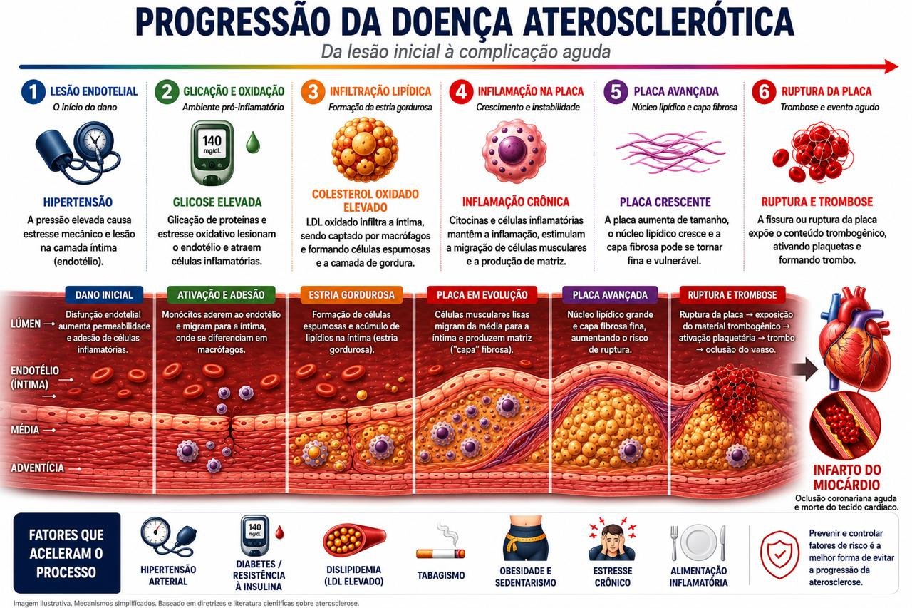 Infográfico mostrando a progressão da doença aterosclerótica em 6 etapas, da lesão endotelial inicial até a ruptura da placa e o infarto do miocárdio, com os fatores que aceleram o processo