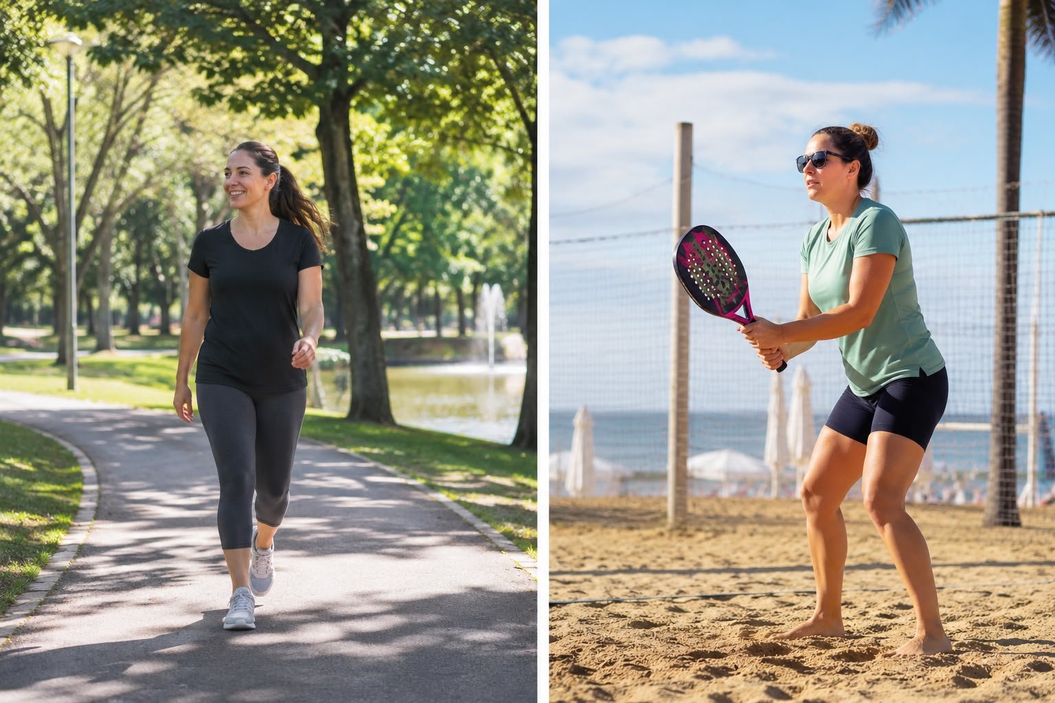 À esquerda, mulher caminhando em um parque; à direita, mulher jogando beach tennis — exemplos de exercício aeróbico