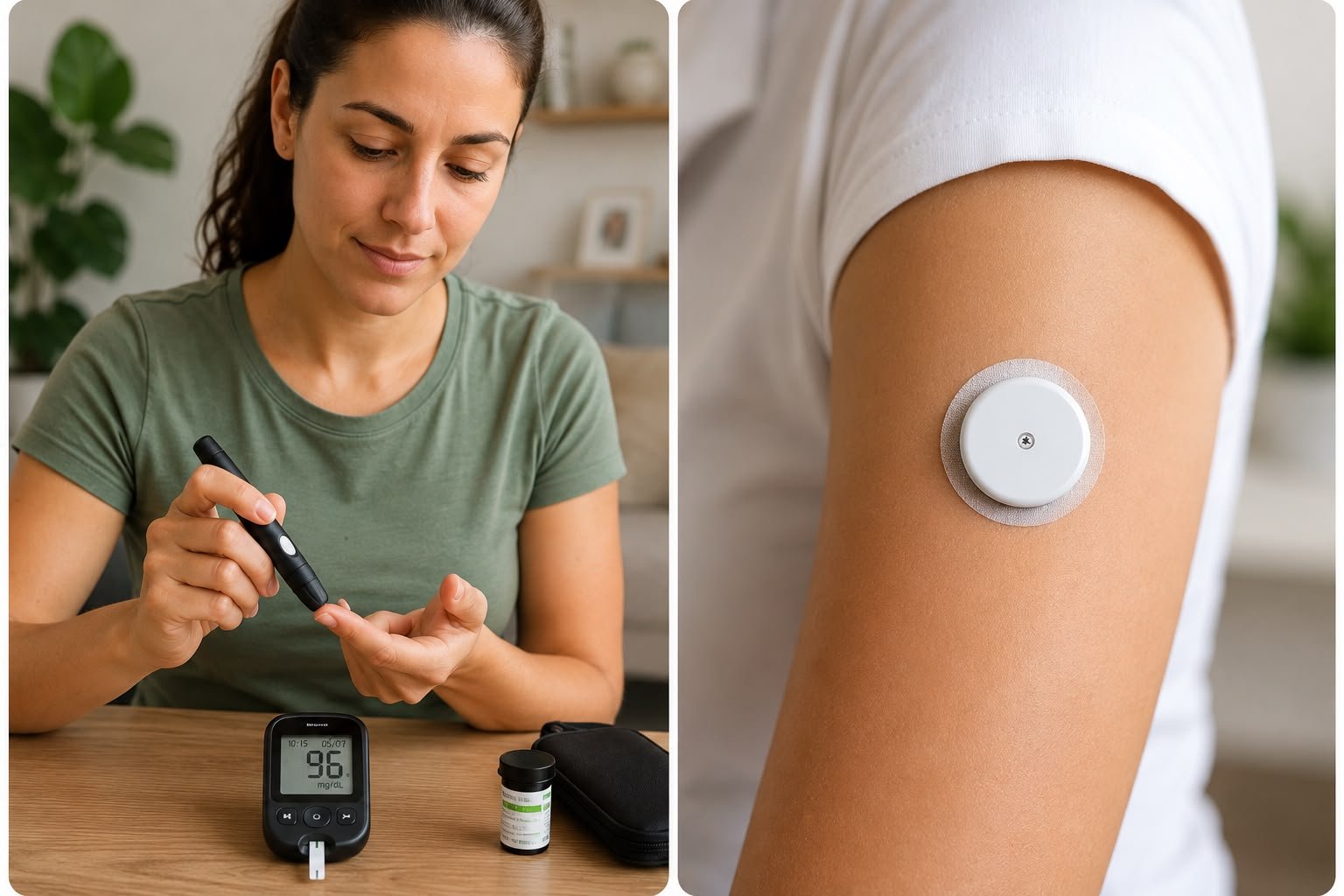 À esquerda, mulher medindo a glicemia capilar com glicosímetro mostrando 96 mg/dL; à direita, sensor de monitorização contínua de glicose (CGM) aplicado no braço